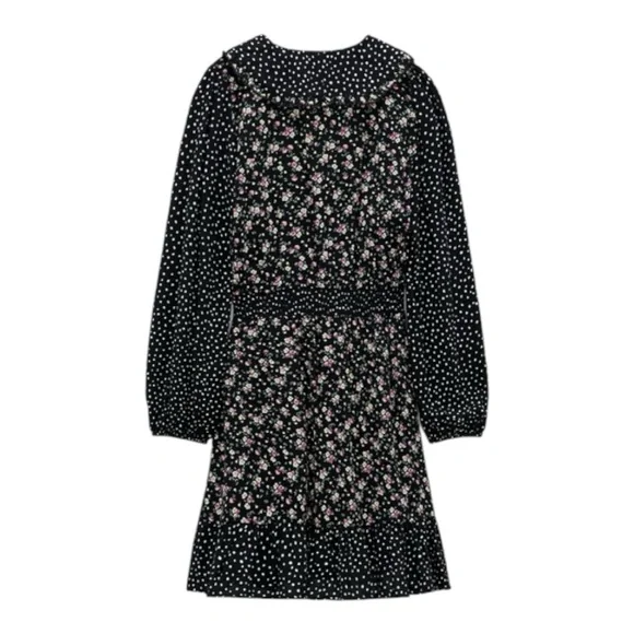 Zara Black Floral and Spotty Long Sleeve Tea Dress Mini Dress Contrast Print S - Picture 3 of 9